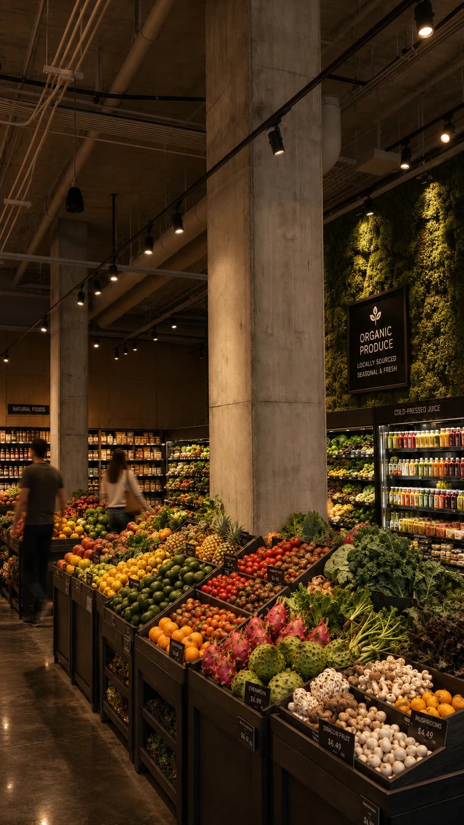 Promotional market imagery showing produce displays, shelving and a green feature wall