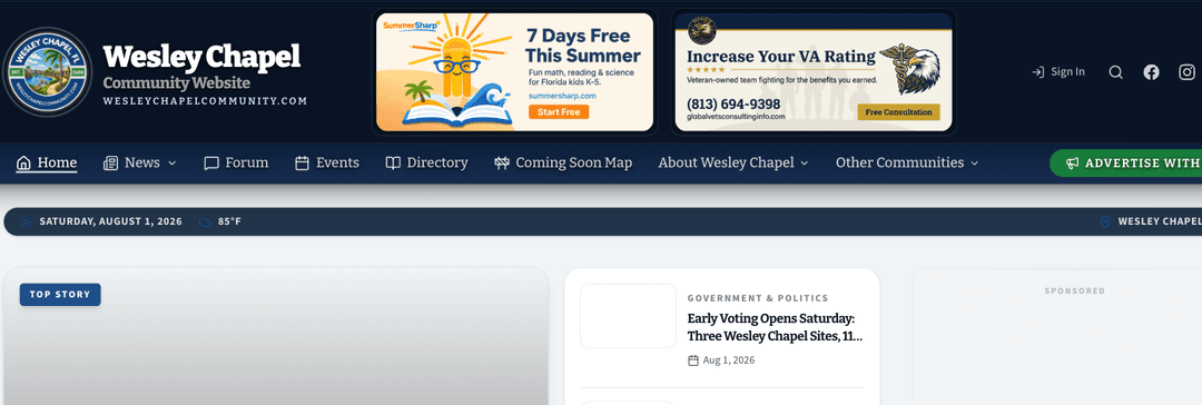 The top of a live community news site with two local business ads running beside the masthead